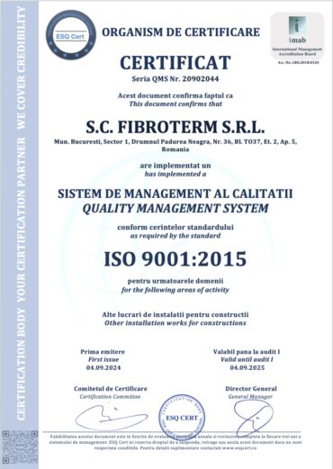 Certificat de calitate ce confirma faptul ca Fibroterm detine certificarile Sistem de Management conform cerintelor standard. Izolații din fibră de celuloză Izolații ecologice din celuloză Izolații naturale cu celuloză Soluții de izolare cu celuloză Izolații termice pe bază de celuloză Izolații eficiente cu celuloză Izolații cu materiale din celuloză Izolații ecologice cu fibră de celuloză Izolații de casă cu celuloză Izolații durabile din celuloză, aplicatie prin injectare, Passive House, NZEB, nzeb